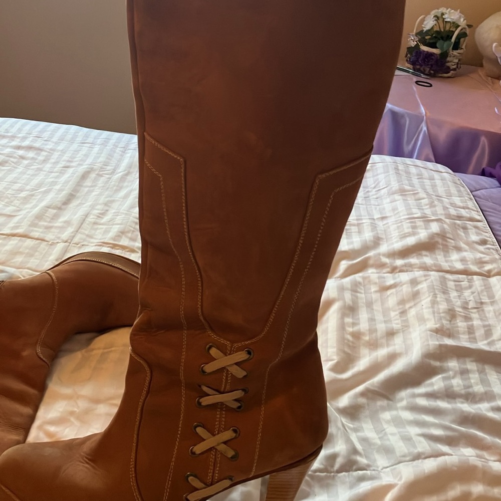 Beige suede high heeled boots